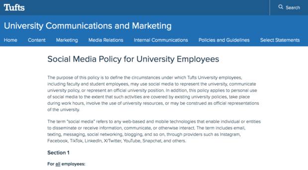 Tufts University website showing a "Social Media Policy for University Employees" with a detailed explanation of its purpose and the definition of social media.