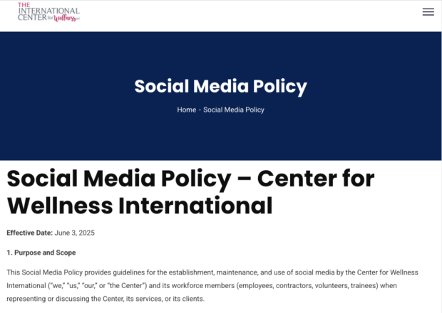 Screenshot of the Center for Wellness International's website, featuring a section for their "Social Media Policy" with an effective date of June 3, 2025.