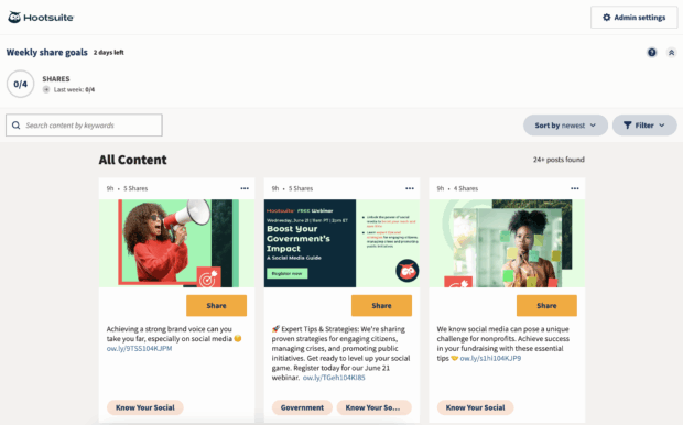 A Hootsuite dashboard showing social media content to be shared, with three post examples and headlines like "Boost Your Government's Impact" and "Achieving a strong brand voice."