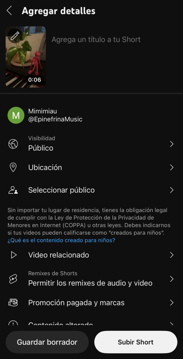 Pantalla Agregar detalles de YouTube Shorts