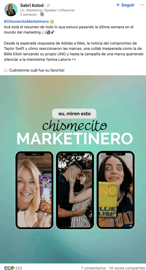 chismecito marketinero sobre el compromiso de Taylor Swift, Adidas y Nike, y el lanzamiento del UNO de Billie Eilish