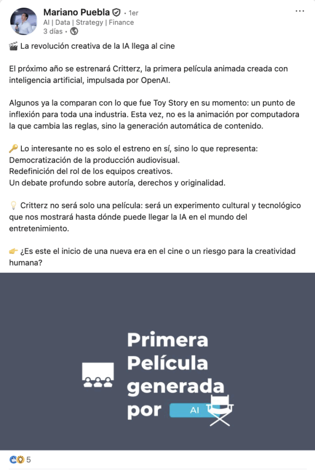 publicación sobre la primera película generada por IA
