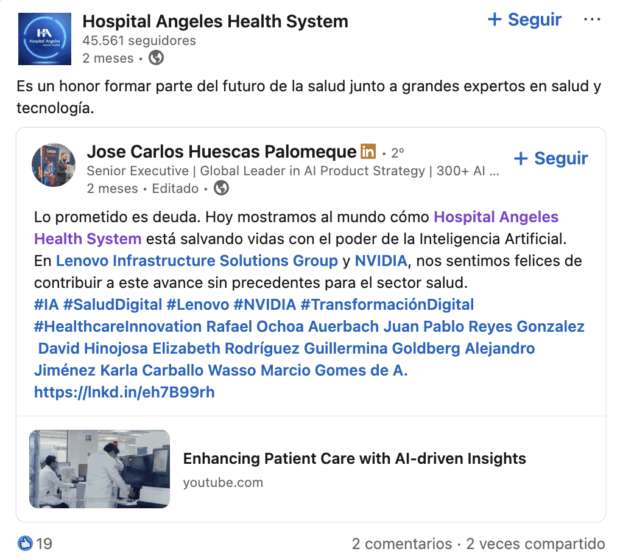 Hospital Angeles Health System compartiendo contenido generado por el usuario