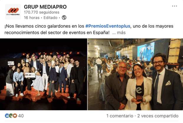 GRUP MEDIAPRO galardonado en los premios Eventoplus