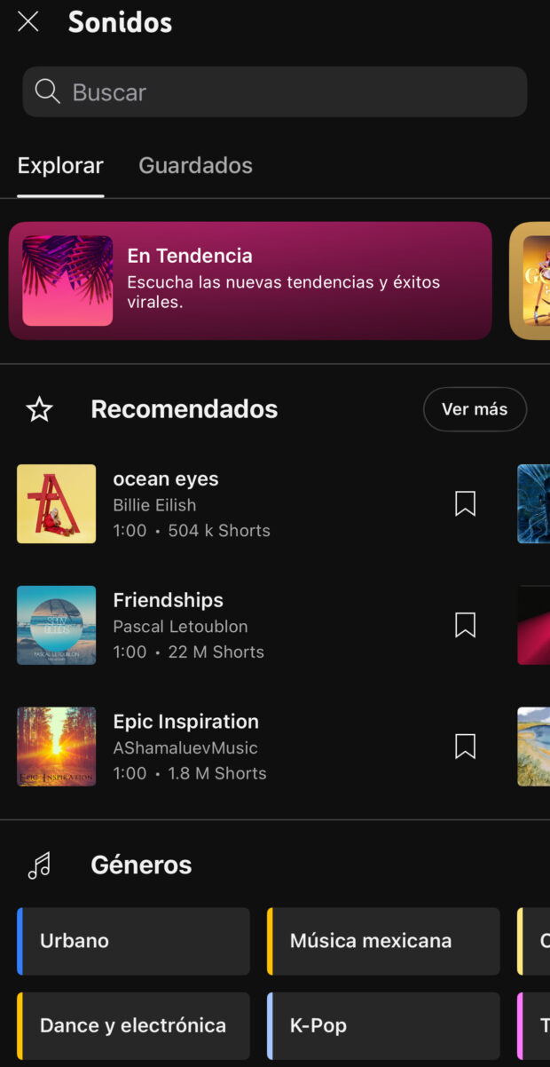 Menú de Sonidos de YouTube Shorts con una lista de las pistas de audio más populares.