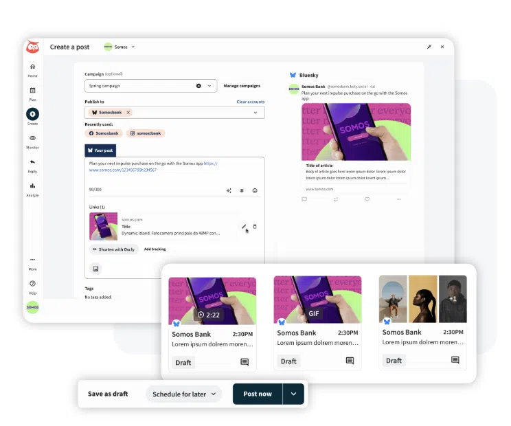 A screenshot of the "Create a post" interface in Hootsuite, showing options to publish to different social media accounts, manage campaigns, and schedule posts, highlighting the latest Hootsuite product features for content creation.