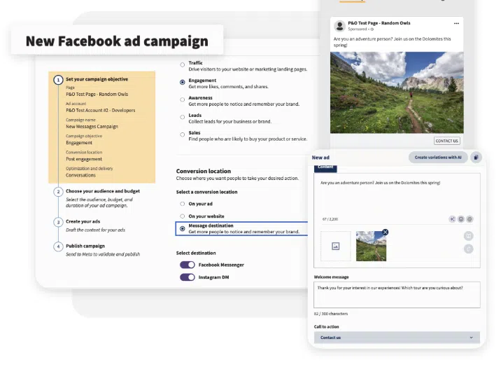A screenshot detailing the steps for a new Facebook ad campaign within Hootsuite, including campaign objective, audience, budget, and ad content creation, showcasing the latest Hootsuite product features for advertising.