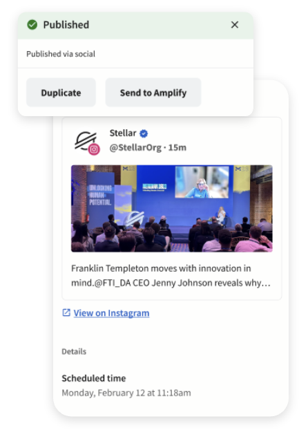 A screenshot of a published social media post on Hootsuite, showing options to duplicate or send to Amplify, with details of a scheduled post from StellarOrg, demonstrating the latest Hootsuite product features for content publishing.