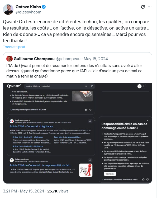 le PDG d’OVH Cloud publie un tweet sur l’état d’avancement du travail sur sa solution d’IA Qwant