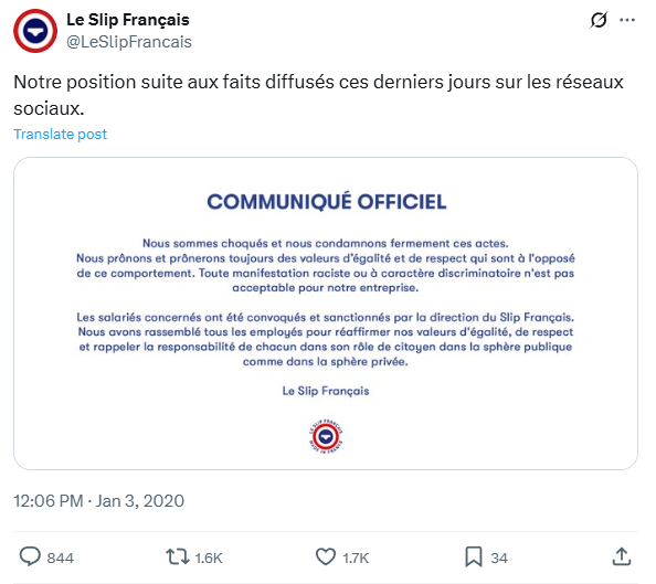 Message sur X (ou tweet) d’explication de la Marque Le Slip Français après la diffusion d’images de comportement raciste de ses employés sur les réseaux sociaux