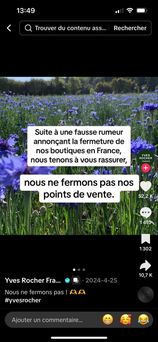 tiktok publié par Yves Rocher dans lequel la marque dément la rumeur de fermeture de ses boutiques françaises