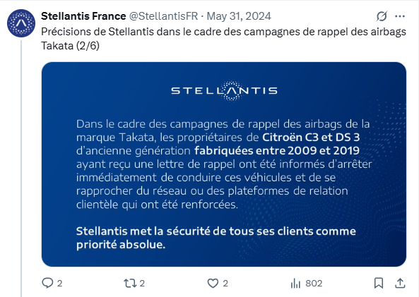 Message sur X (tweet) de Stellantis sur sa campagne de rappel des airbags Takata