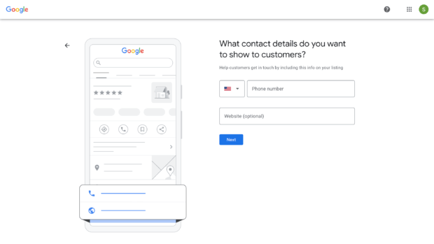 A Google My Business setup screen for entering contact details, including phone number and website, vital for customers to connect with a business through their Google My Business listing.