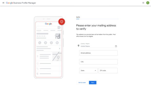 A Google My Business Profile Manager screen requesting a mailing address for verification, a key step to ensure the authenticity and trust of a Google My Business profile.