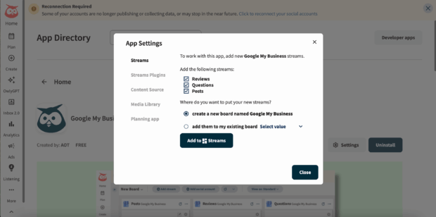 Hootsuite's App Settings for Google My Business, showing options to add streams for reviews, questions, and posts, demonstrating integration for managing a Google My Business presence.