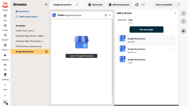 Hootsuite's Streams dashboard displaying Google My Business options, with sections for Reviews, Questions, and Posts, highlighting tools for comprehensive Google My Business management