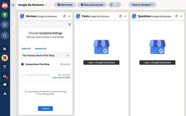Hootsuite's Google My Business stream setup, allowing users to choose specific locations/listings to monitor, showcasing granular control over Google My Business data.