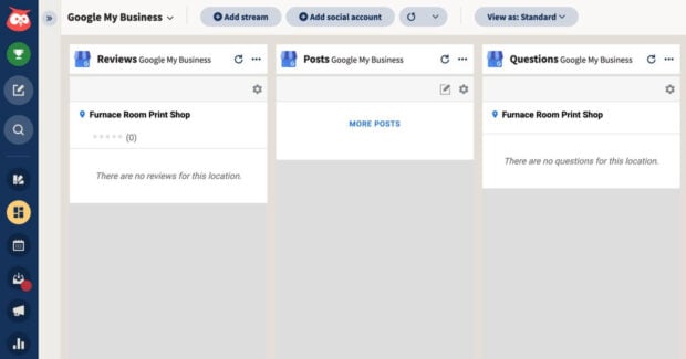 Hootsuite's Google My Business dashboard showing empty streams for Reviews, Posts, and Questions for 'Furnace Room Print Shop', indicating a new or inactive Google My Business profile.
