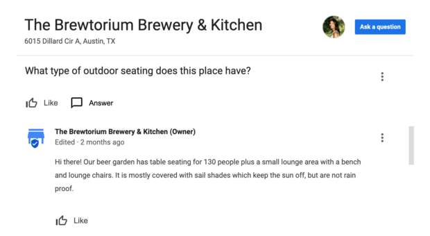 A Google My Business Q&A section for 'The Brewtorium Brewery & Kitchen', showing a customer question and the owner's detailed answer, emphasizing customer interaction on Google My Business.