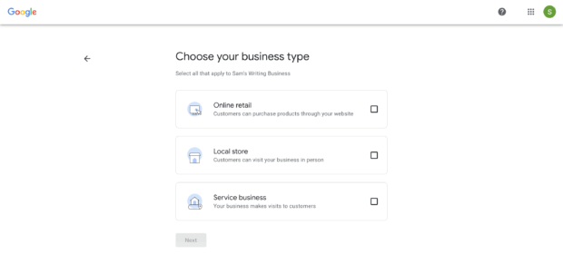 A Google My Business setup screen to add an online store website, showing how businesses can integrate their e-commerce presence with their Google My Business listing.