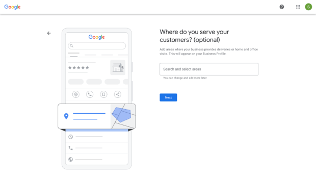 A Google My Business setup screen asking where a business serves its customers, allowing businesses to define their service areas for their Google My Business profile.