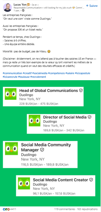 post LinkedIn sur les entreprises françaises qui veulent reproduire la même communication virale que Duolingo