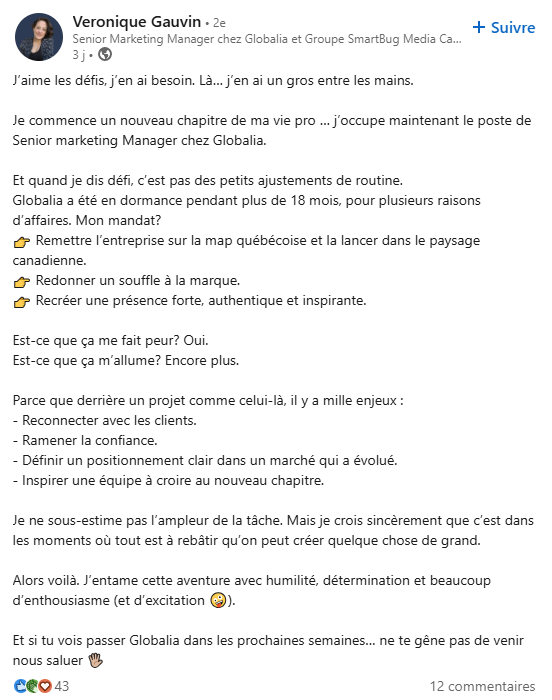 post LinkedIn d’annonce de nouveau poste
