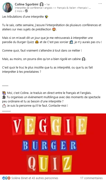 post LinkedIn d’une interprète qui demande C’est quoi le truc le plus insolite que tu as interprété, ou que tu as fait interpréter à tes prestataires ?