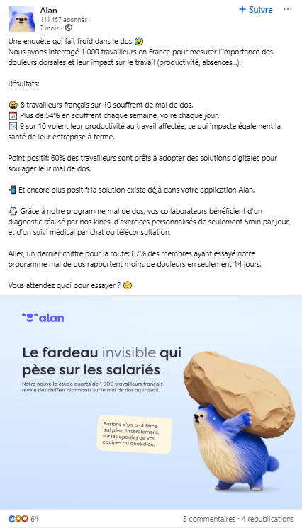 post LinkedIn d’Alan avec des chiffres clés sur les douleurs dorsales et leur impact sur le travail