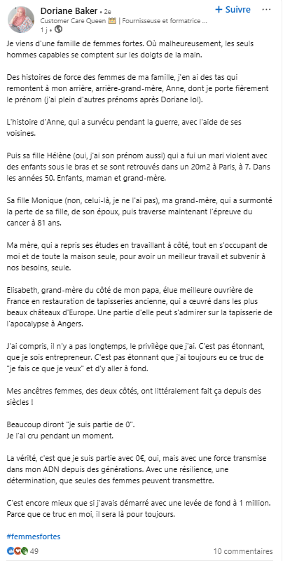 post LinkedIn d’une utilisatrice sur les femmes fortes de sa famille qui l’aident dans sa vie d’entrepreneure