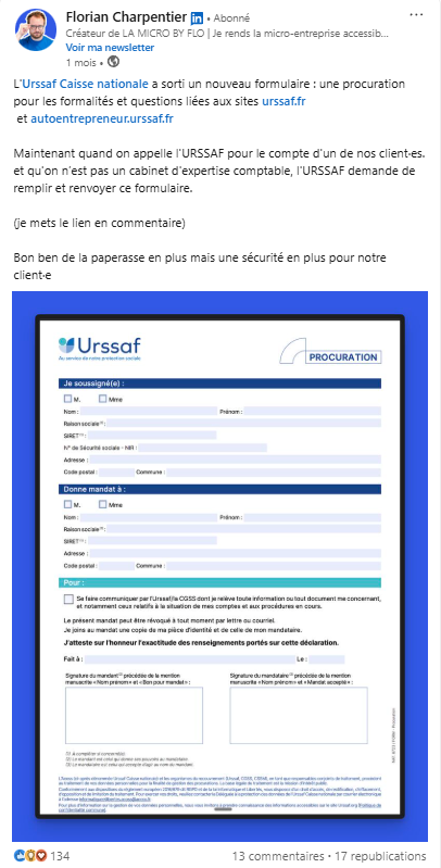 post LinkedIn sur un nouveau formulaire de procuration lancé par l’Urssaf