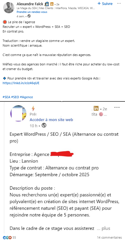 post LinkedIn qui alerte sur les mauvaises pratiques des agences SEO bon marché