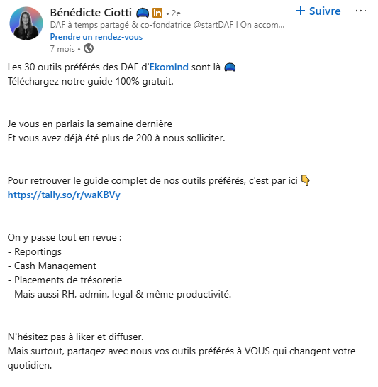 post LinkedIn avec un lien vers le guide complet des outils préférés des DAF