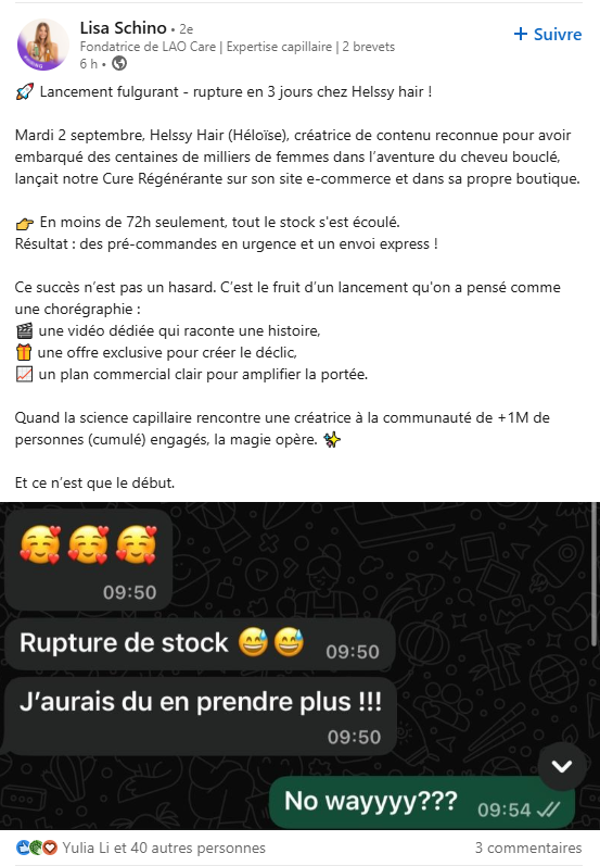 post LinkedIn sur la rupture de stock en 3 jours chez Helssy Hair