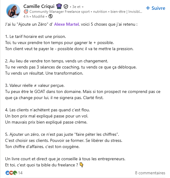 post LinkedIn qui résume les points essentiels d’un livre
