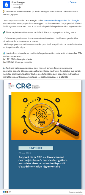 post LinkedIn intégrant un rapport de la CRE qui mentionne le projet de l’entreprise