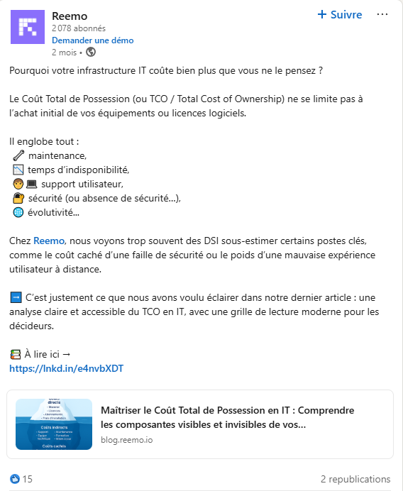 post LinkedIn de Reemo sur le coût total de possession en informatique