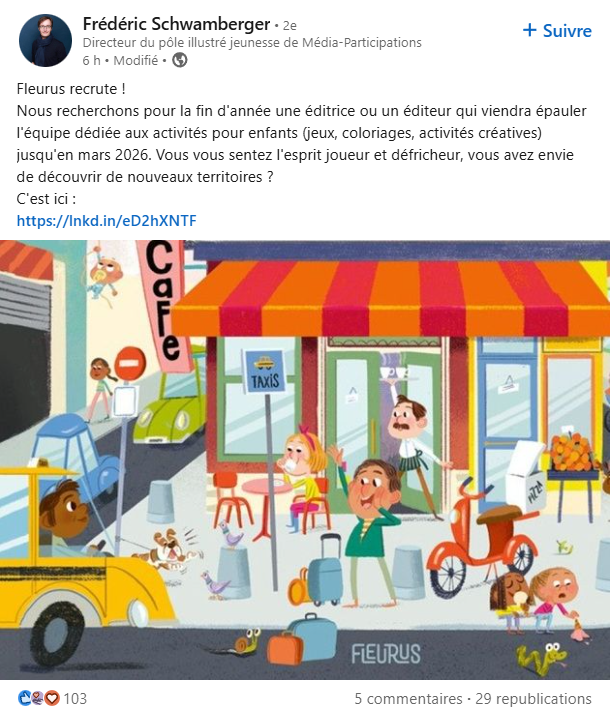 post LinkedIn sur une offre d’emploi chez Fleurus