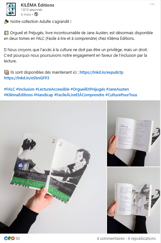 post LinkedIn qui annonce la sortie d’Orgueil et Préjugés en version FALC chez Kiléma Editions