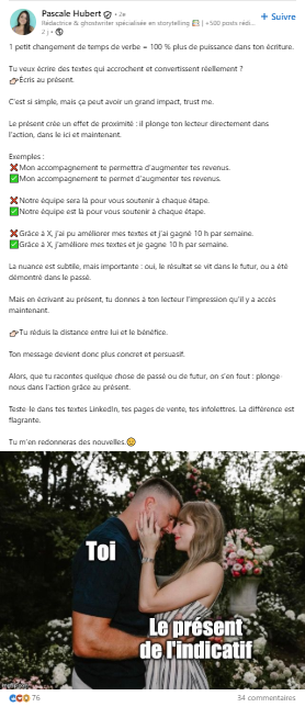 post LinkedIn sur l’impact du présent de l’indicatif dans le copywriting