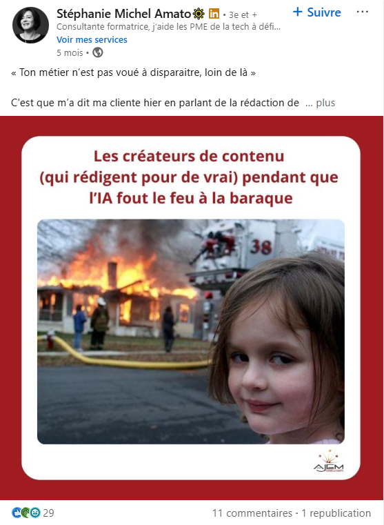 mème d’une petite fille devant une maison en feu