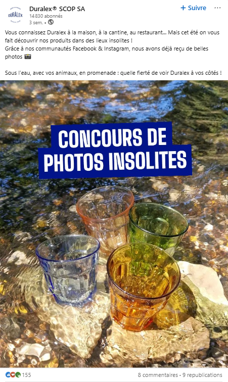 post LinkedIn de Duralex avec un carrousel de photos des produits Duralex publiées par des consommateurs