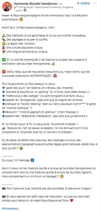 post LinkedIn qui rassemble plusieurs traductions automatiques drôles trouvées au Pays Basque