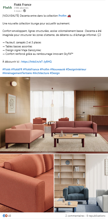 Flokk France met en avant ses canapés élégants dans un post LinkedIn