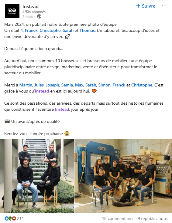 post LinkedIn avec la photo de l’équipe il y a un an et l’équipe aujourd’hui