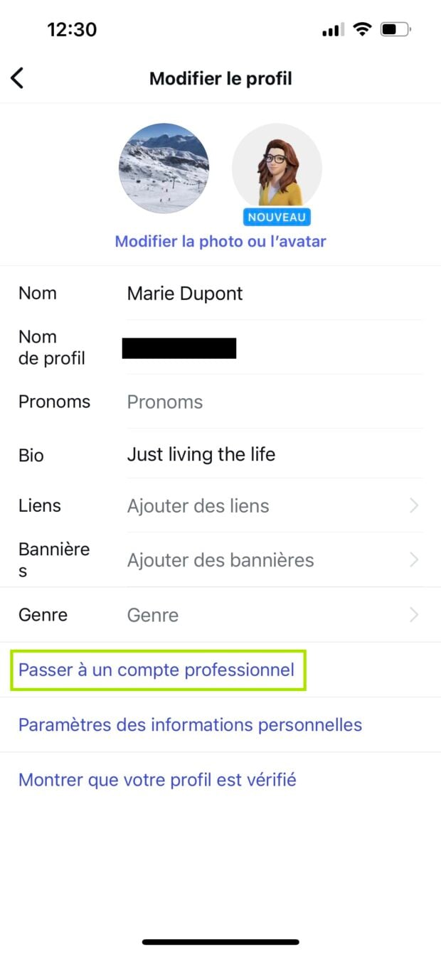 Appuyez sur Modifier le profil, puis sur Passer à un compte professionnel dans les paramètres du compte Instagram