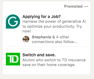 Two separate LinkedIn ads displayed in a sidebar. One is from "G" promoting generative AI for job seekers, and the other is from "TD Insurance" encouraging alumni to switch for savings on home coverage.