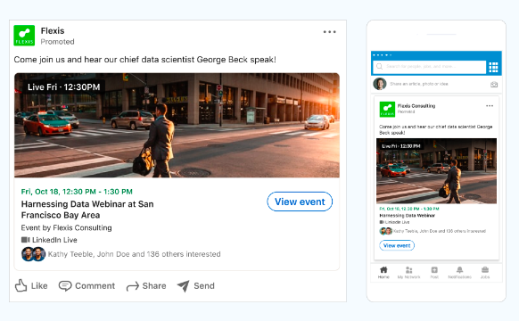 A side-by-side view of a desktop and mobile version of a Flexis event LinkedIn ad. The ad promotes a live webinar with a chief data scientist, showing event details, including the date, time, and location in the San Francisco Bay Area.