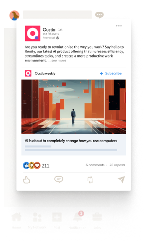A screenshot of a mobile LinkedIn feed showing an Oustio LinkedIn ad. The ad promotes a new AI product, "Renity," with a visual of a person walking into a futuristic, digital city. The ad copy highlights how AI is changing how we use computers.
