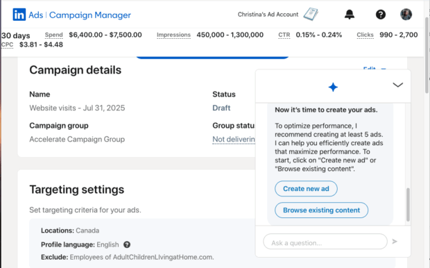 A screenshot of the LinkedIn Campaign Manager's campaign details page. The page shows a draft campaign named "Website visits" and targeting settings. A pop-up message on the right recommends creating at least five LinkedIn ads to optimize performance.